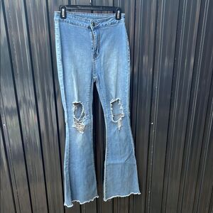 Women's High Rise Distressed Flare Jeans Blue Ripped Bell Bottom Denim Small Y2K